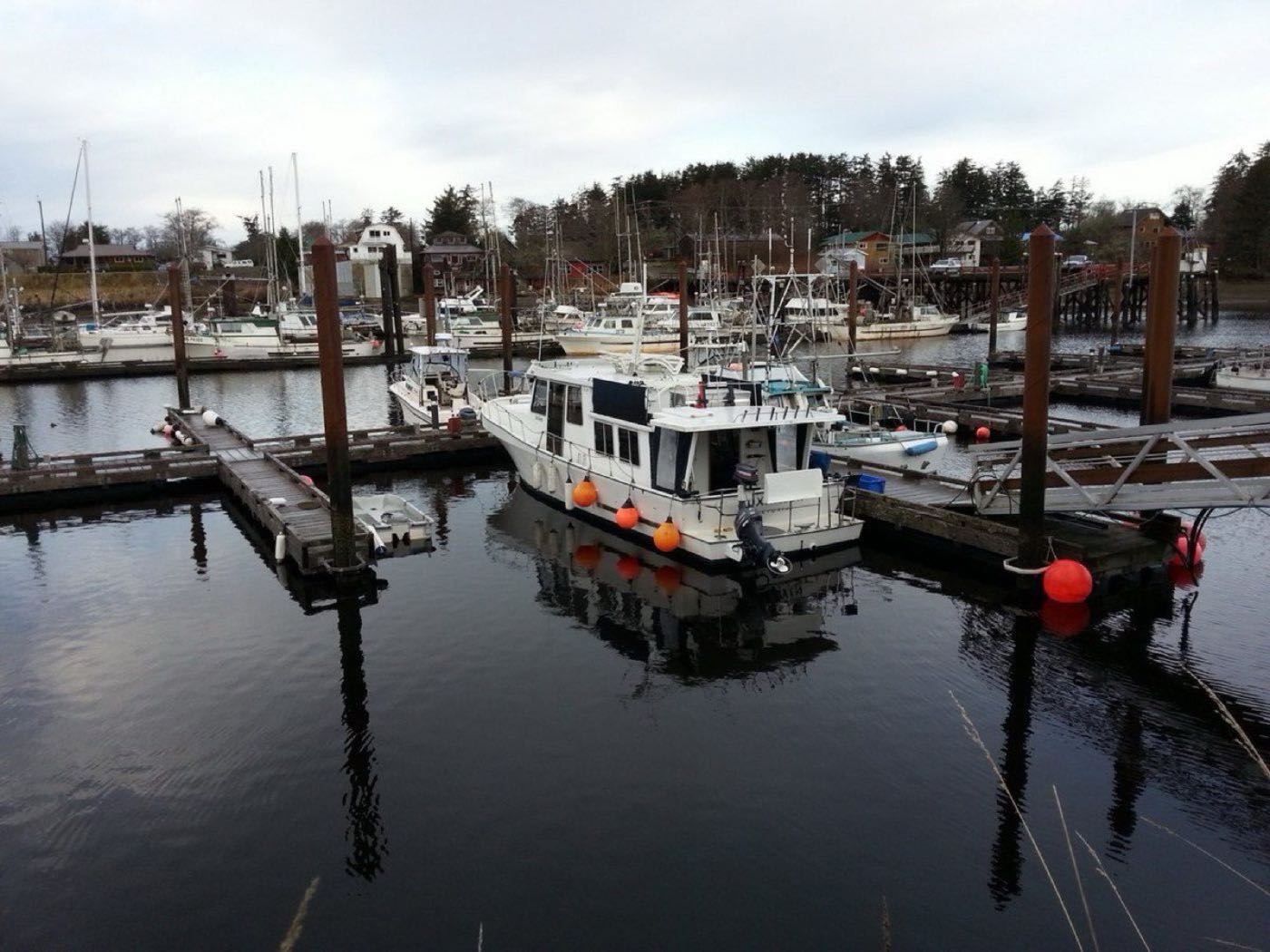 Boats moored in a misty north-coast harbour town